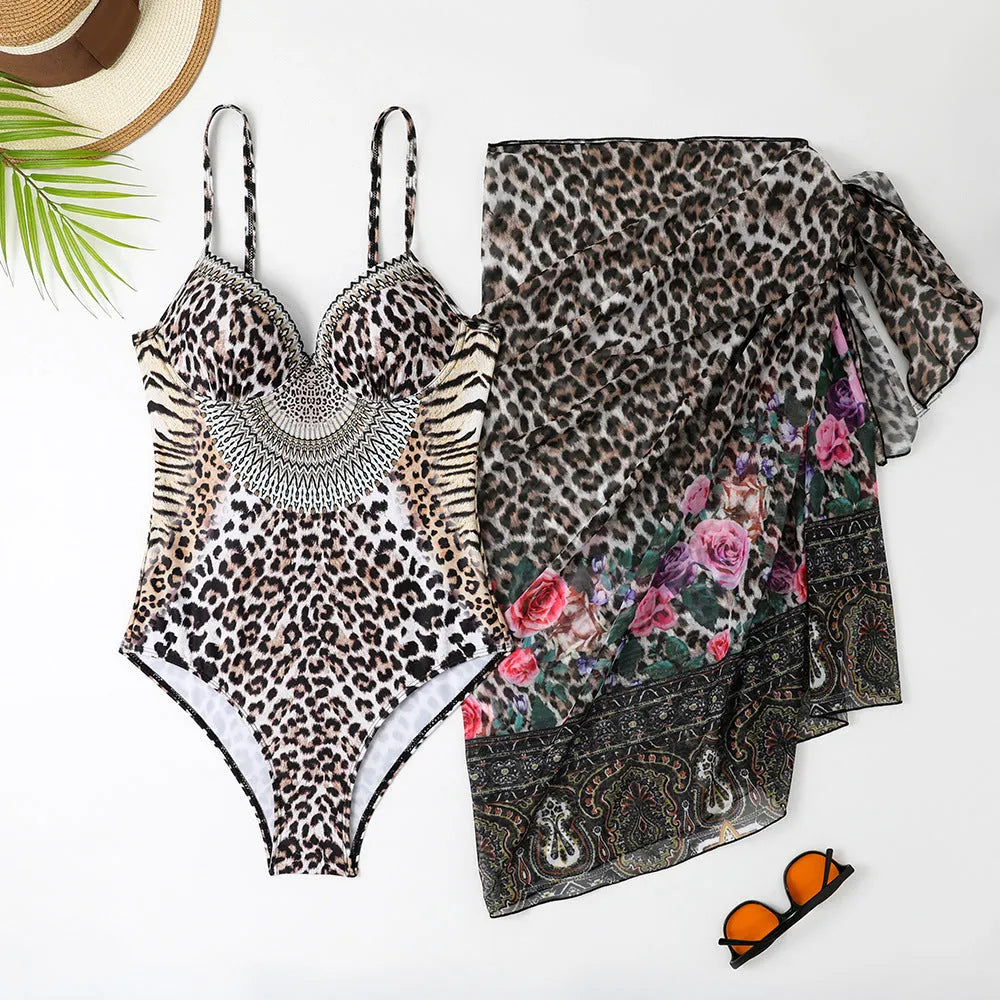 Women's leopard print one-piece swimsuit with mesh long dress and pants set for swimming and pool lounging