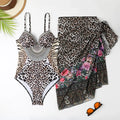 Women's leopard print one-piece swimsuit with mesh long dress and pants set for swimming and pool lounging