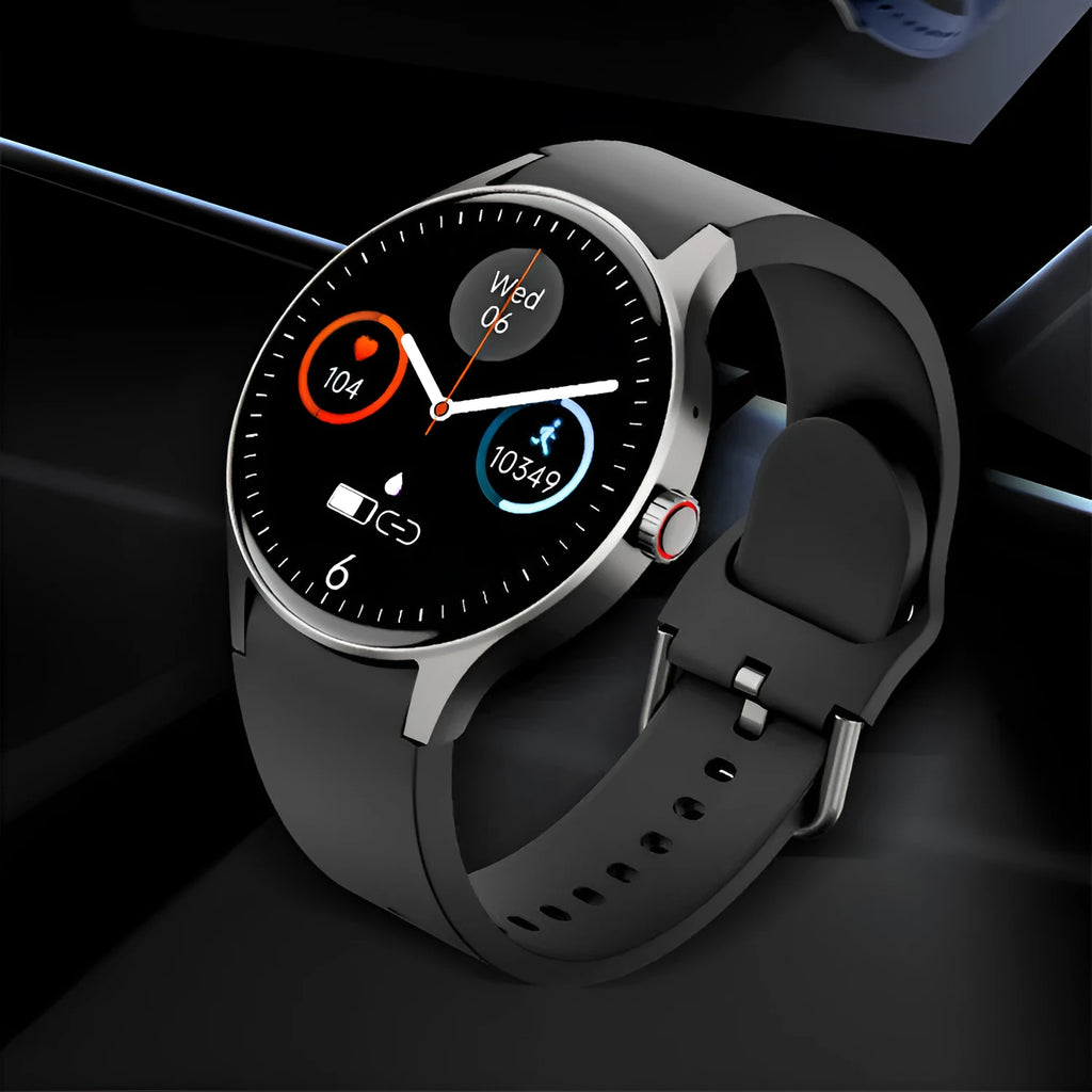 Black smart sport watch with round touch screen on a wrist, showing a fitness stat display.