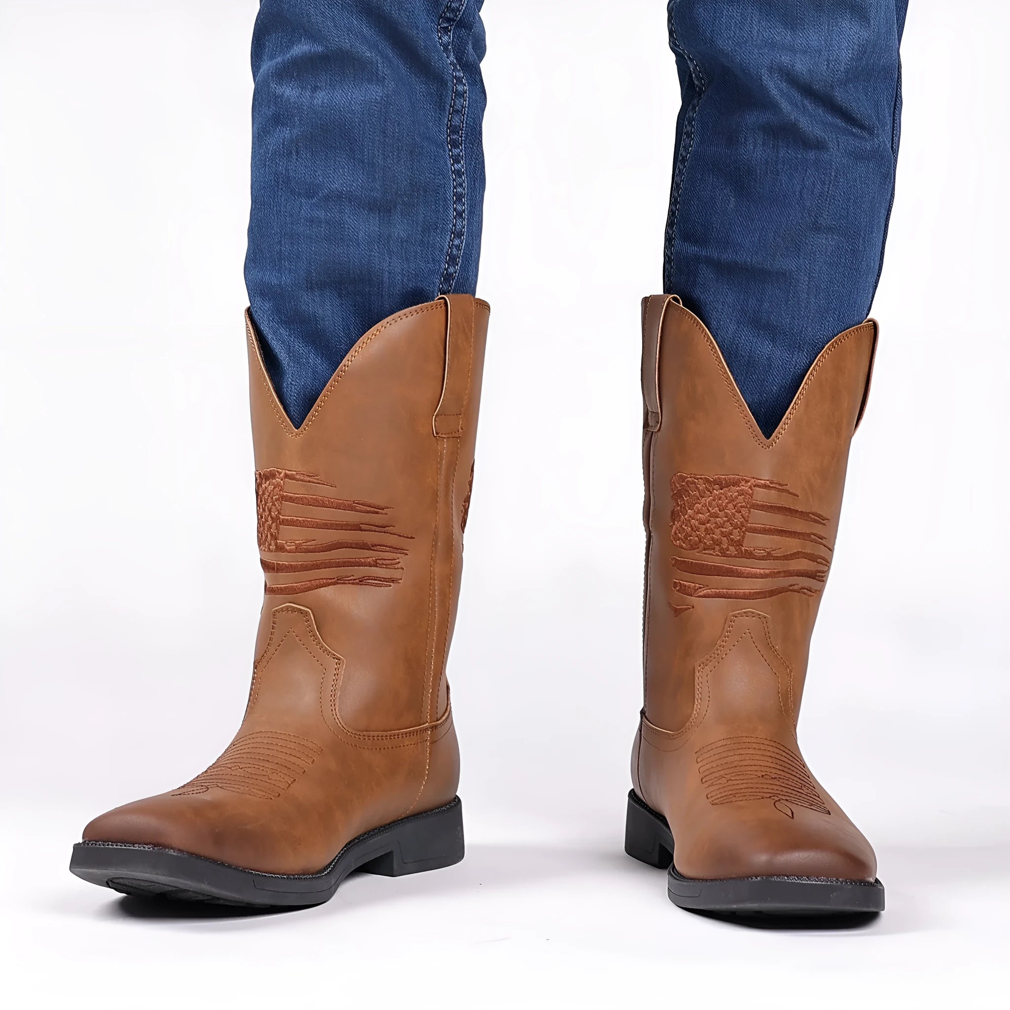 Men's wide square toe cowboy boots with retro embroidery, low horseshoe heel, artificial leather upper, available in brown, black, and khaki