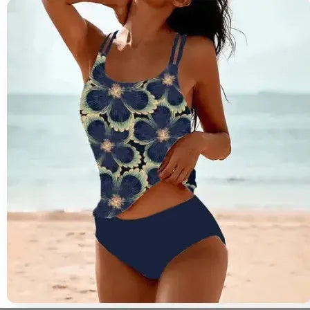 Vintage printed high waist conservative swimwear set in retro dot pattern, polyester lining, available in black