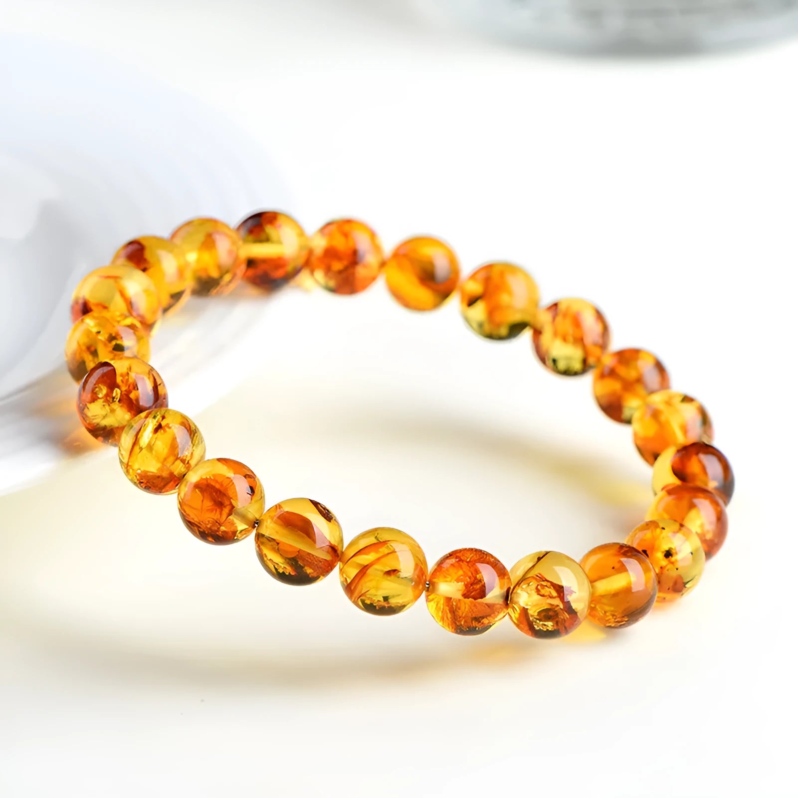 Natural yellow piebald amber bracelet with geometric beads for water purification therapy