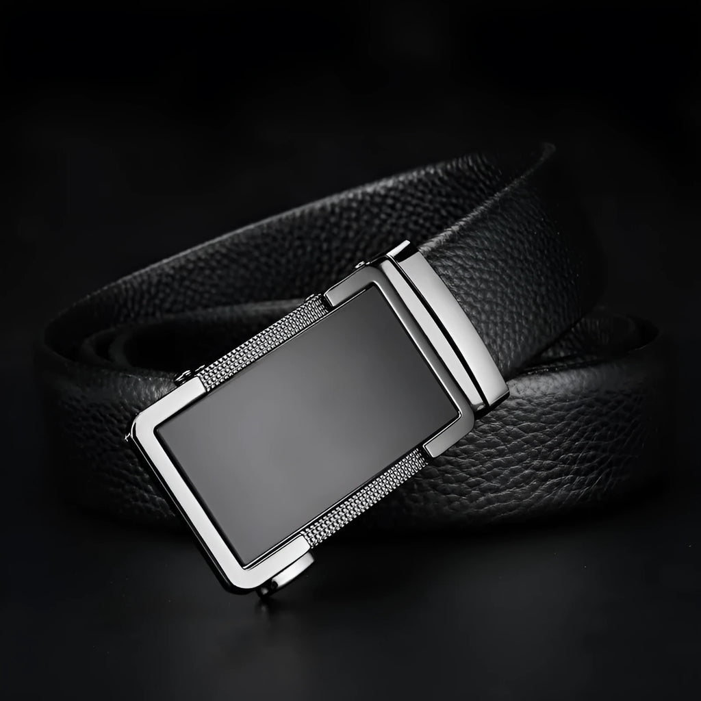 Men's leather belt with an alloy automatic buckle in gun black colour showing length options