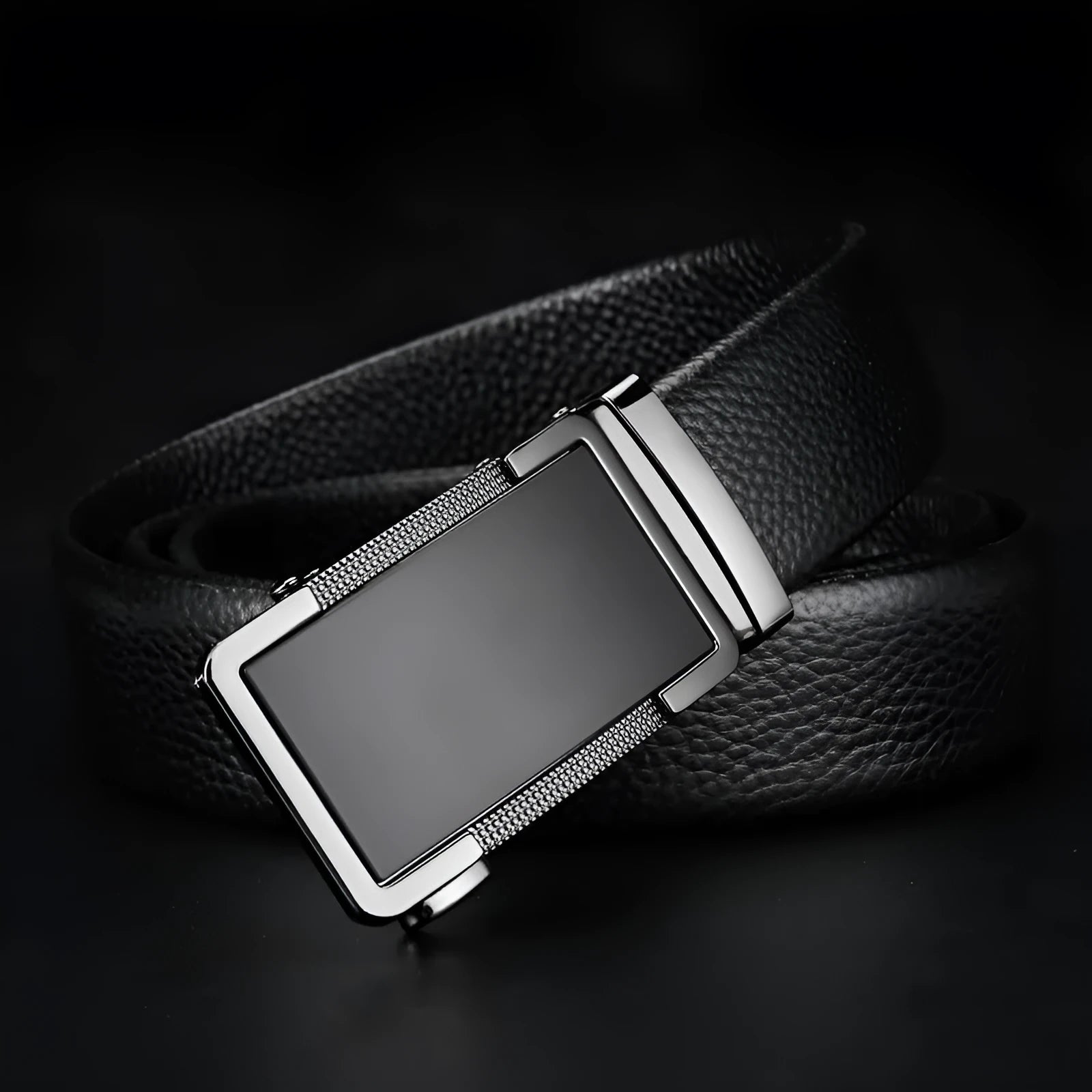 Men's leather belt with an alloy automatic buckle in gun black colour showing length options
