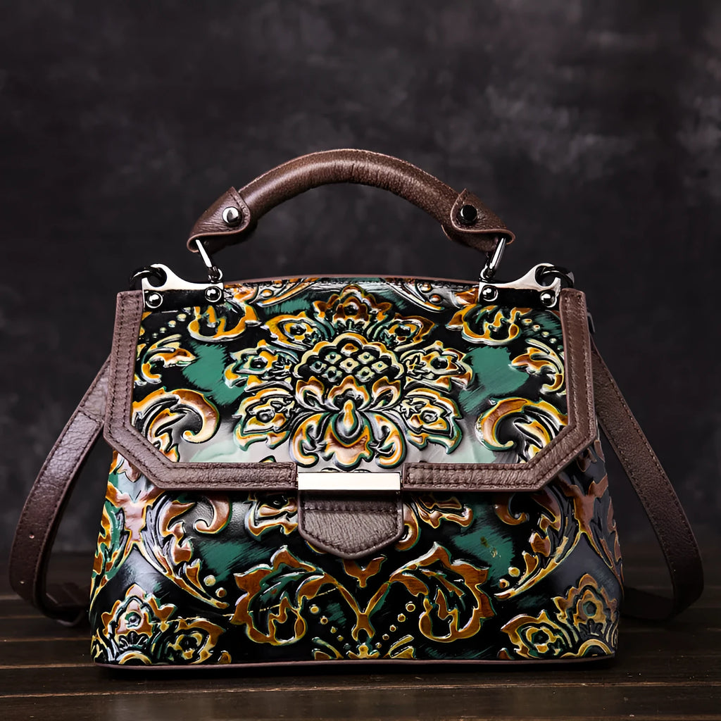 Women's retro shoulder messenger bag made of genuine cowhide leather with embossed flowers, flap closure, horizontal shape, apricot colour