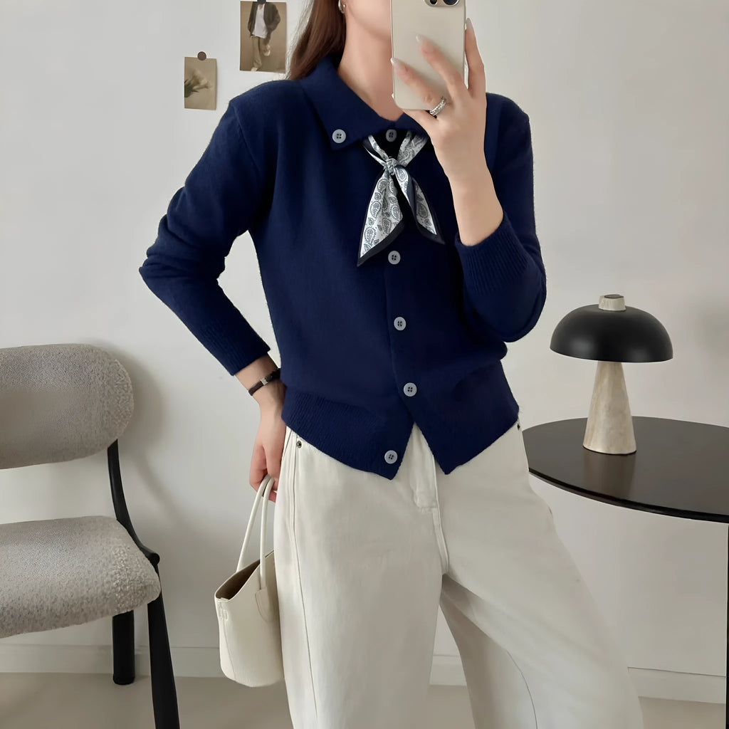 Beige acrylic knit cardigan with lapel scarf collar design, long sleeves and cardigan styling