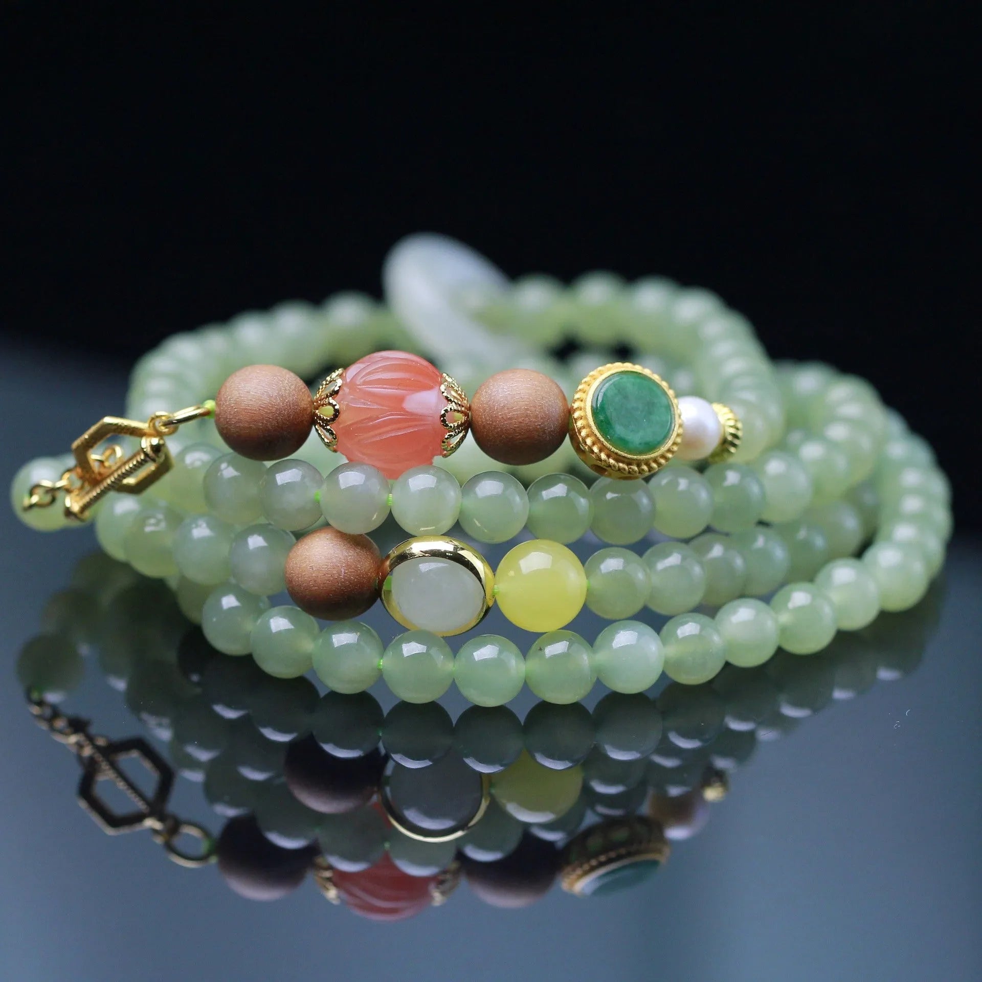 Natural Hetian jade necklace with red lotus, white sandalwood, and beeswax beads, unisex style with fu character motif