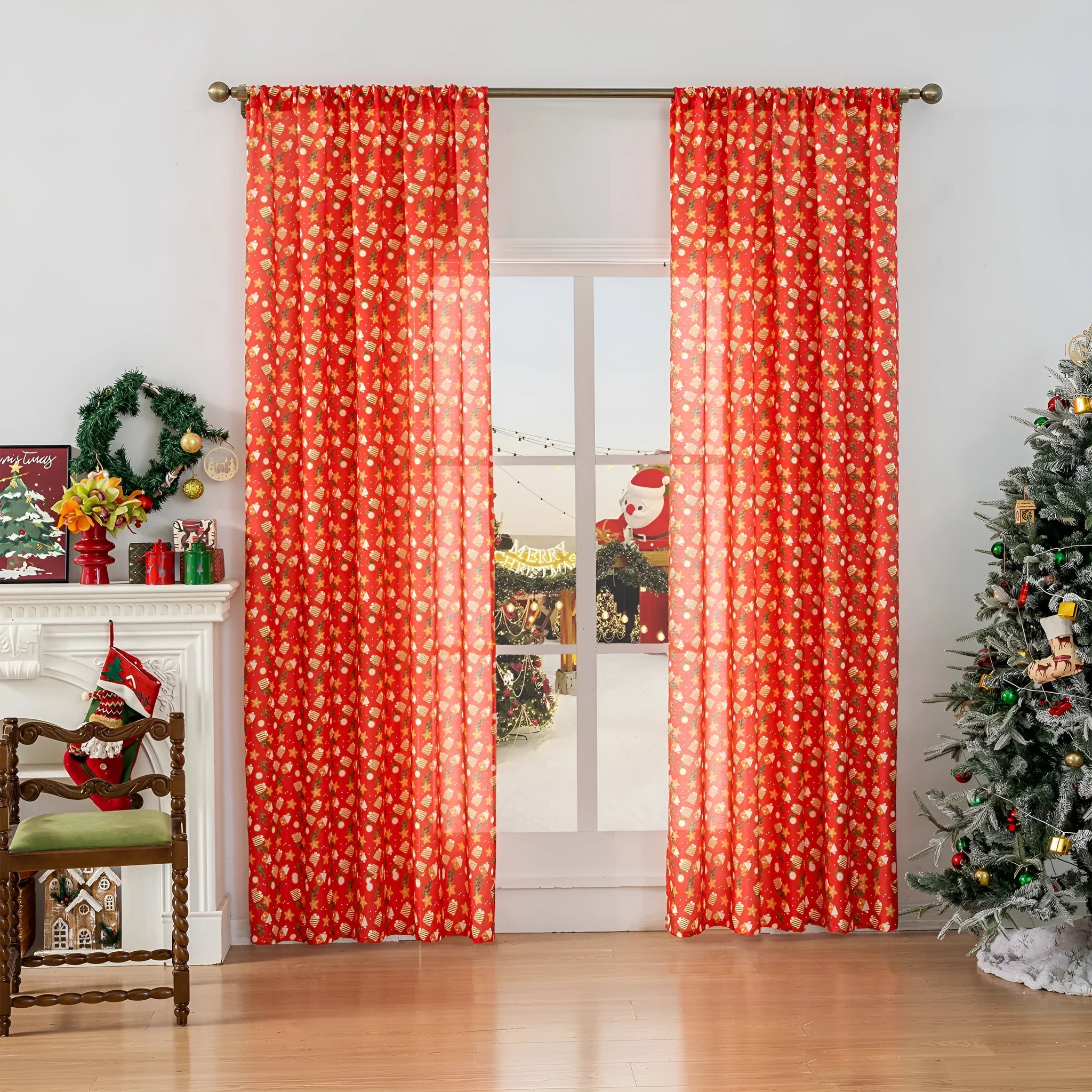 Green and red Christmas curtain with printed snowman and angel cartoon designs for living room window treatment