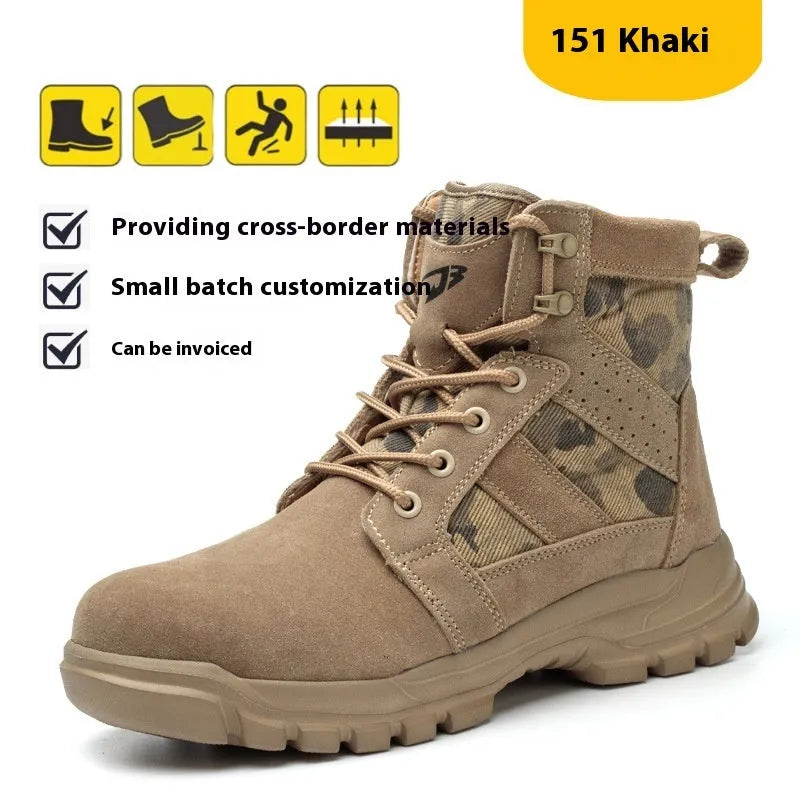 Khaki steel toe cap combat safety boots with suede upper and front lace-up closure