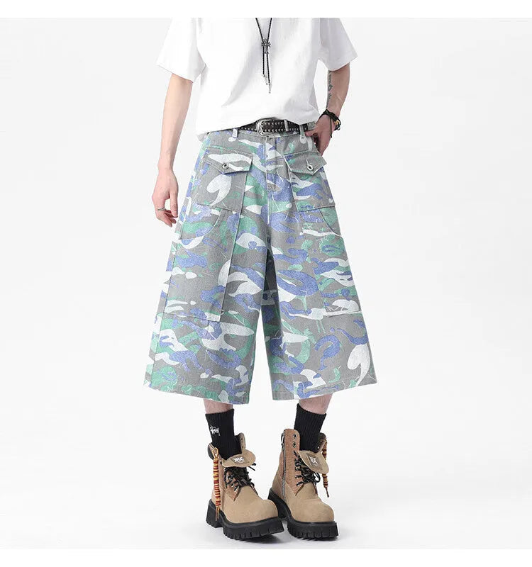Denim camouflage cropped trousers with front pocket and straight-leg design for summer workwear