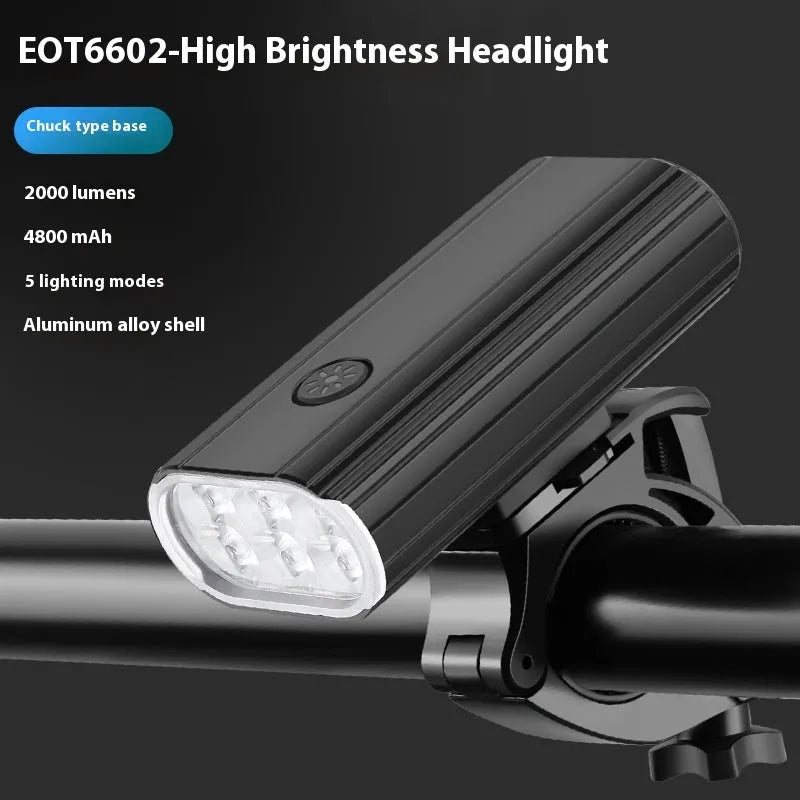 2000LM aluminium alloy bicycle headlight with 6 XPT beads, quick-release base, and USB Type-C port