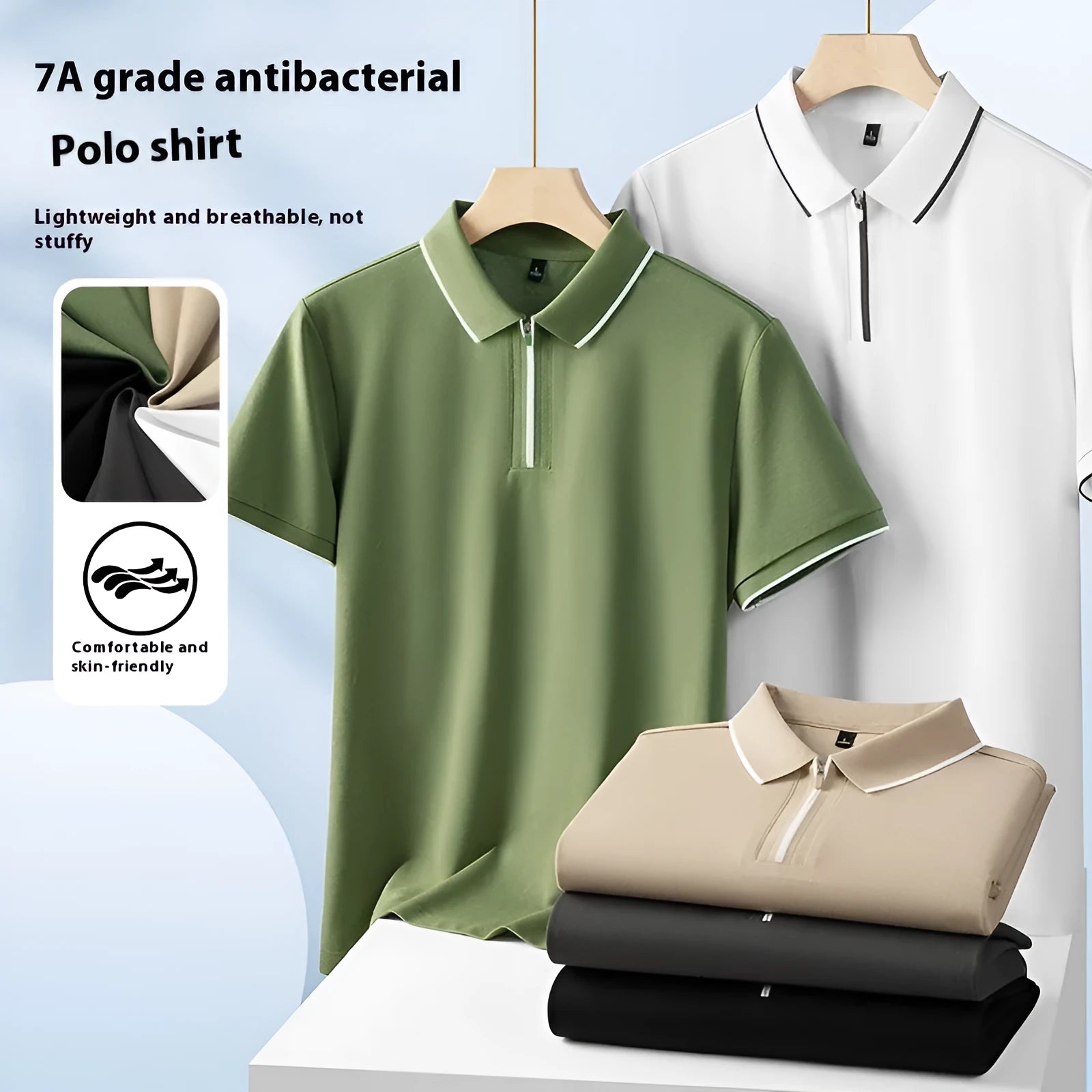Men's long-staple cotton polo shirt with zipper front in white, regular fit, short sleeves