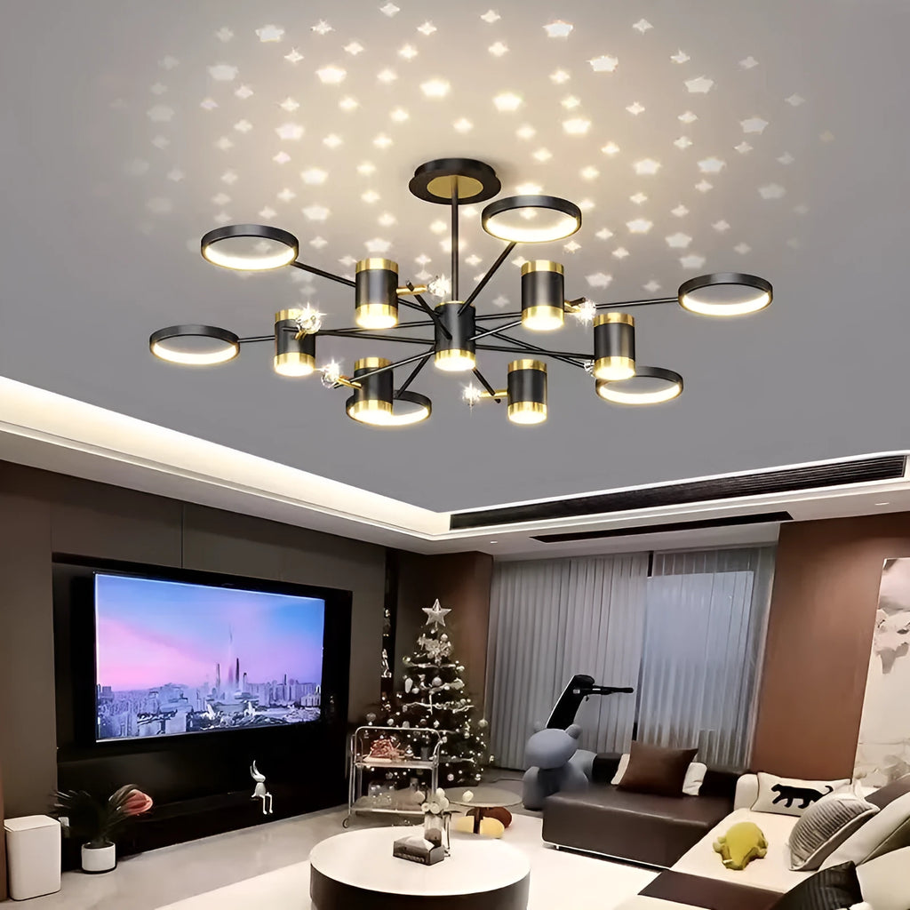 Black iron pendant lamp with 13 light heads and remote control for 15-30 square metre rooms