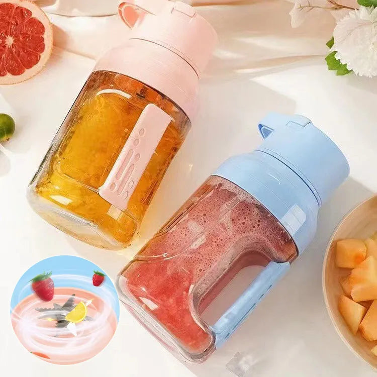 Portable electric juicer with 1500ml capacity, USB rechargeable, eight steel blades, and dual handles in pink colour