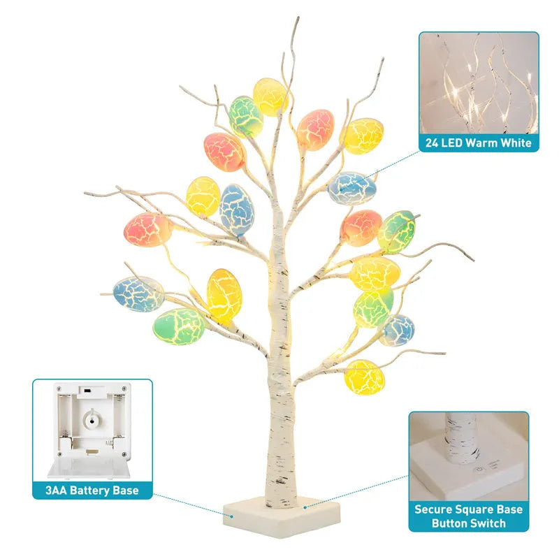 60cm LED birch tree with warm white lights and cracked egg ornaments on a tabletop