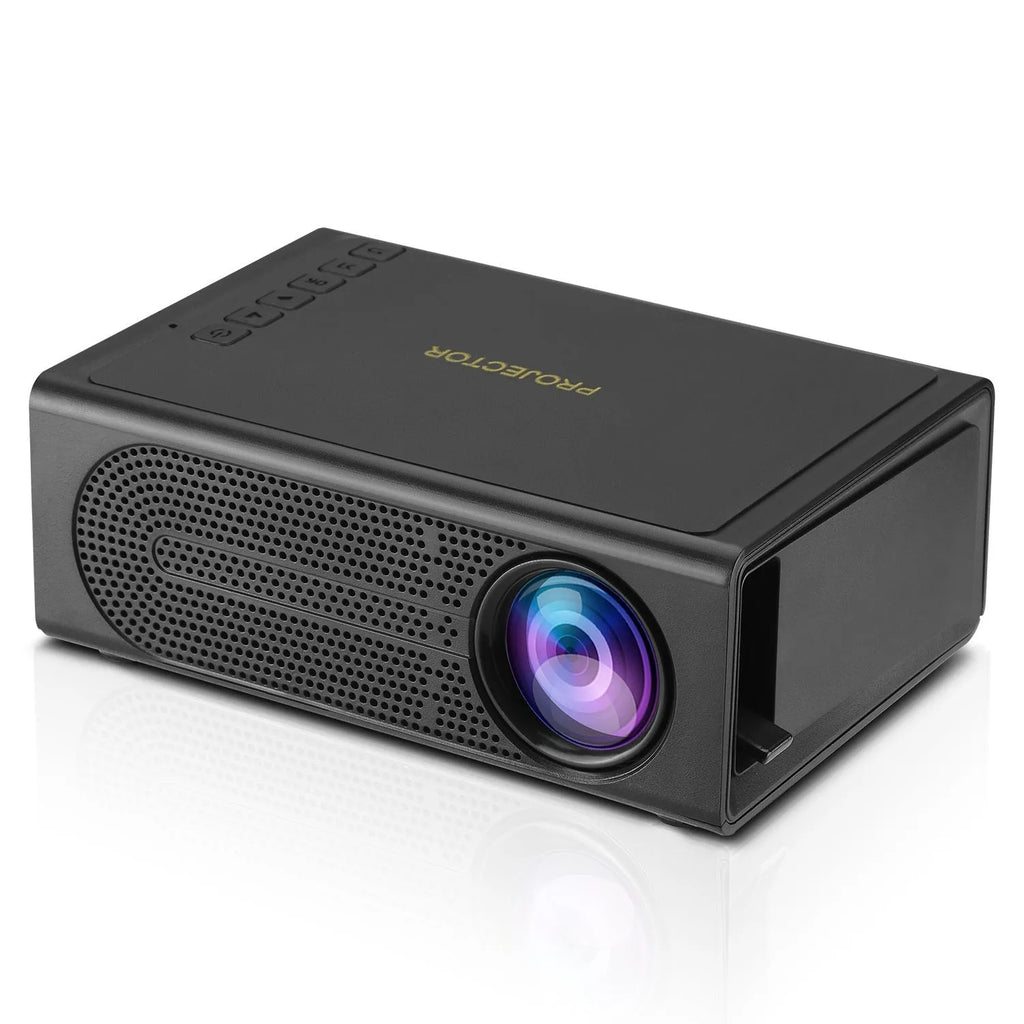 Black portable mini projector with wired mobile phone connectivity and compact design