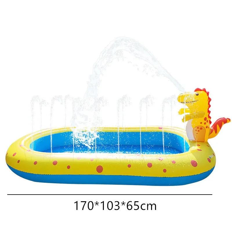 Blue inflatable dinosaur-shaped children's paddling pool with water spray play mat in a garden.