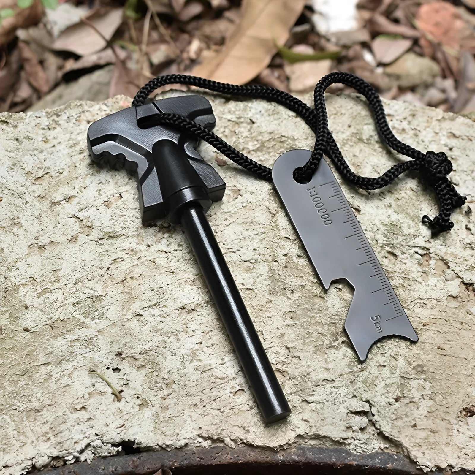 Butterfly-shaped stainless steel survival tool with bottle opener, doctor blade, and point firestone