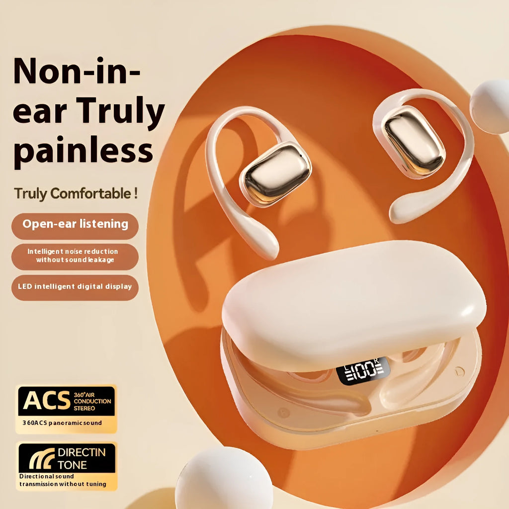 Wireless ear-mounted headphones with digital display screen in black, skin colour, or white options