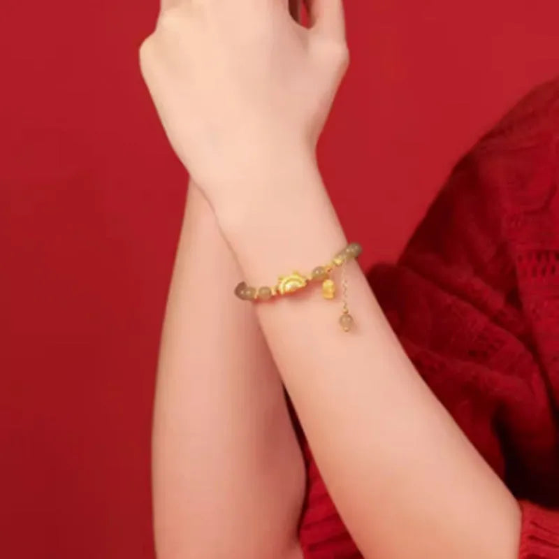 Chinese style Hetian jade and red agate bracelet with lucky blessing card and dragon charm, 925 silver and gold plated