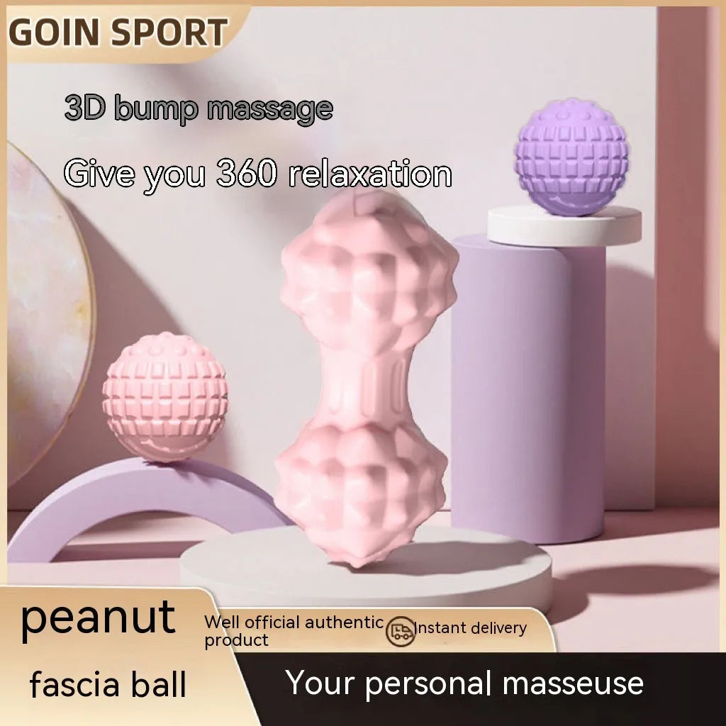 Blue TPR foot massage ball on a wooden floor, 6cm diameter, next to a green peanut ball variant.