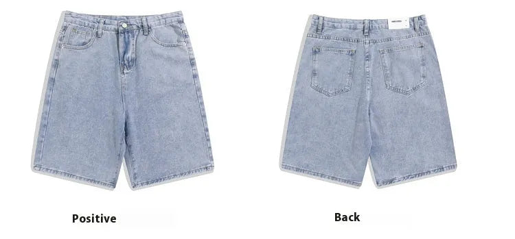 Men's light blue straight-leg denim shorts with zip fly on a mid waist.