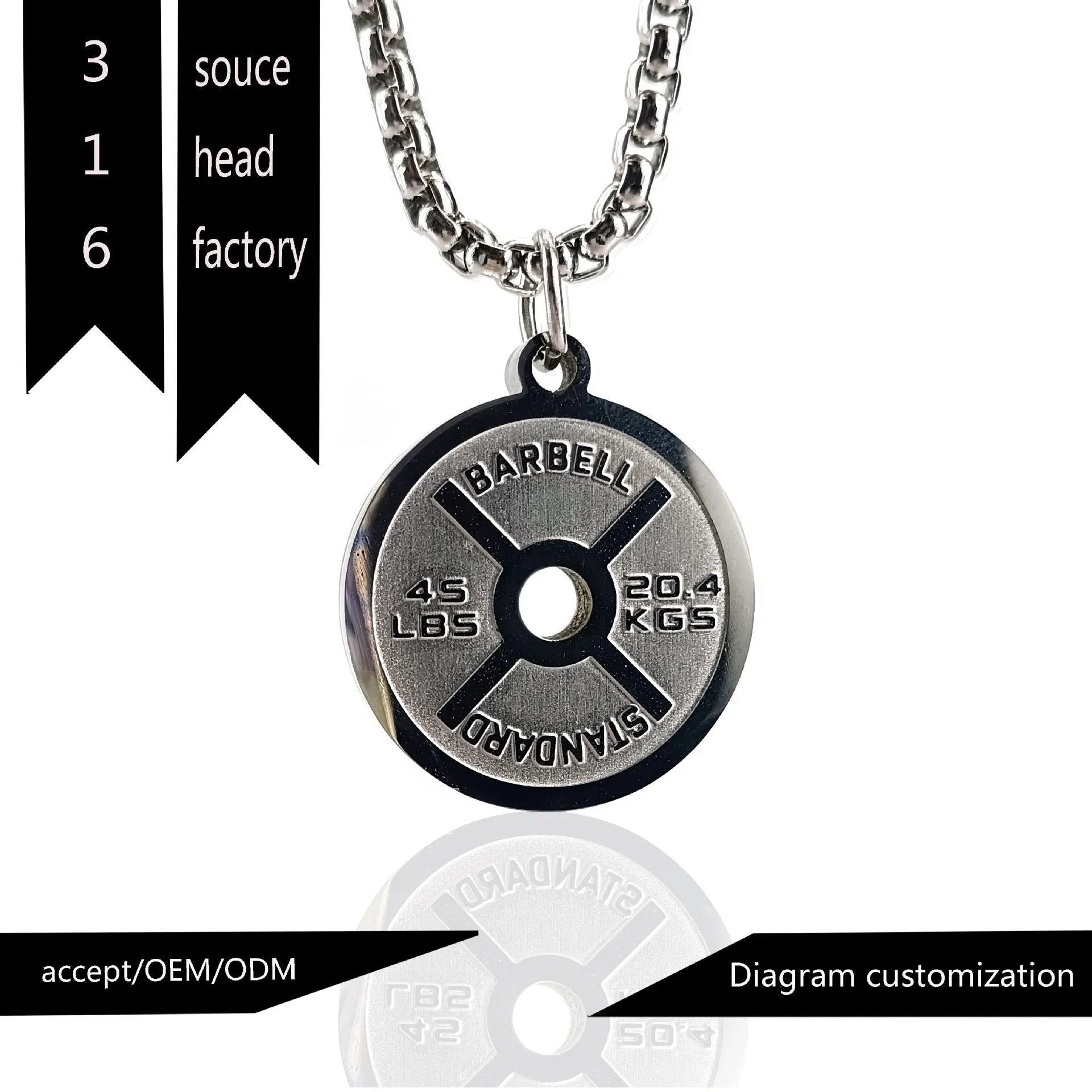 Polished stainless steel barbell disc pendant on a 60cm chain, showing geometric fitness jewellery design.