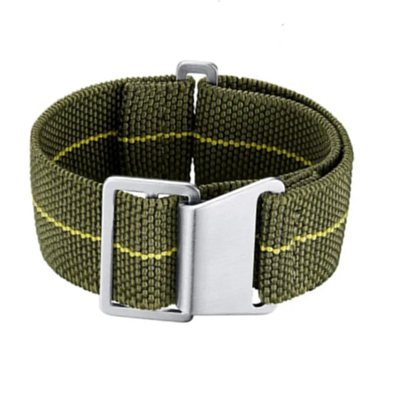 Elastic nylon parachute watchband in green with silver buckle, 20mm width