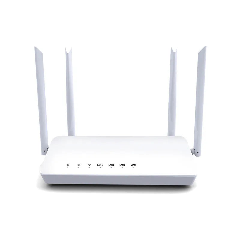 Portable white or black 300 metre WiFi router with 5 ports on rear panel.