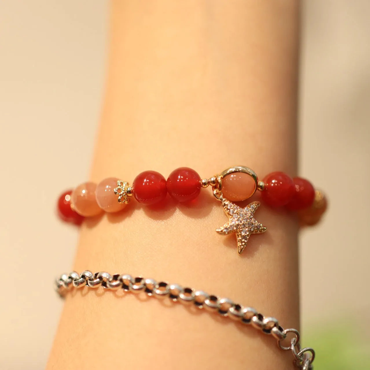 Handmade 8mm natural red agate bracelet for women, star shape, ethnic style, sands orange colour