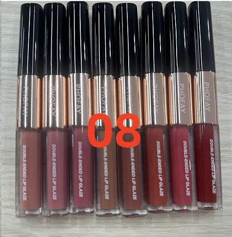 C-L021 double-head non-stick cup lip gloss applicator showing two sponge tips and eight colour options