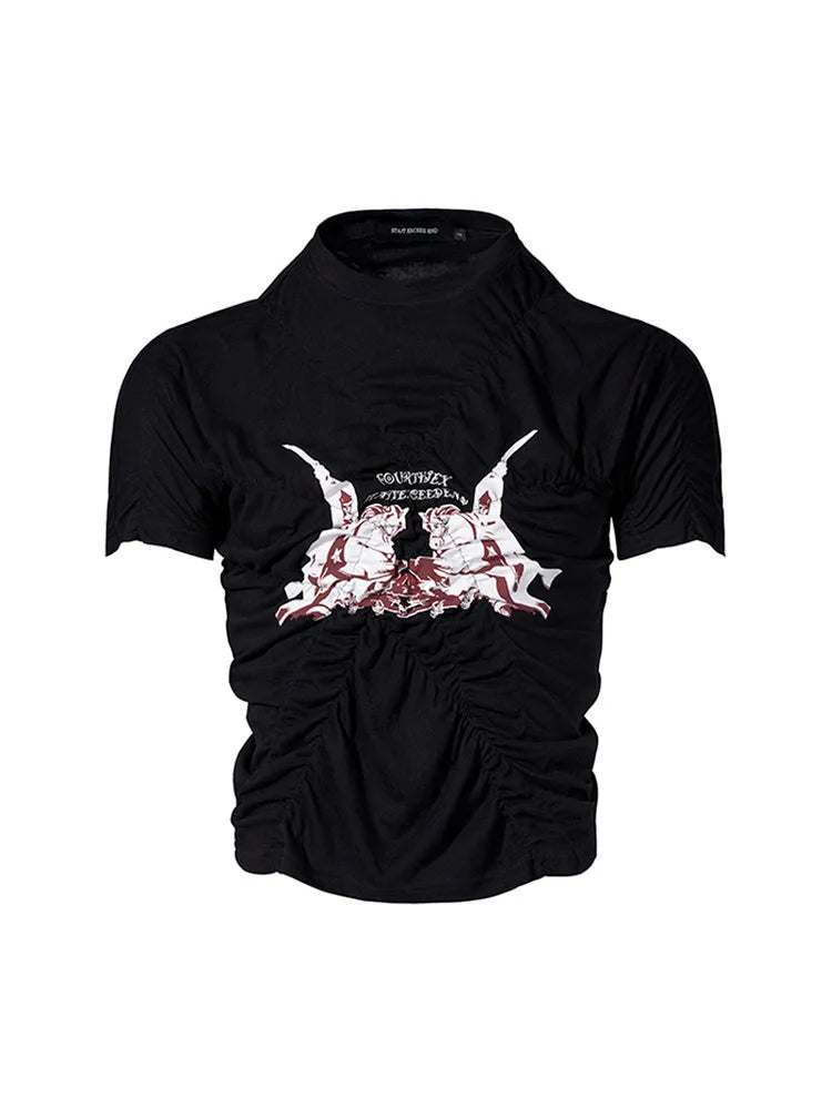 Men's slim fit black printed short sleeve t-shirt with round neck for summer