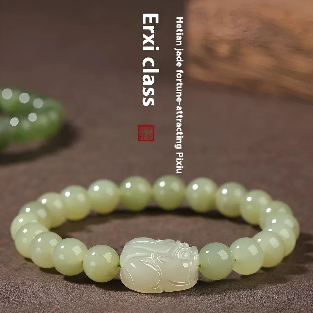 Women's Hetian jade leather show bracelet in national style, polished finish, 8mm bead size on neutral background