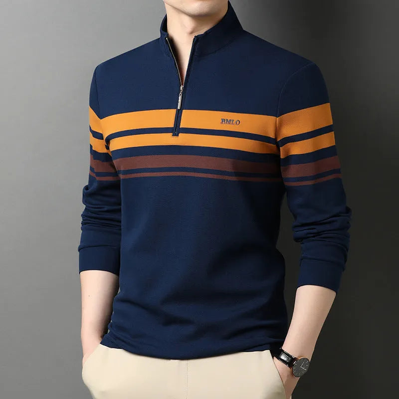 Men's cotton stand collar long sleeve T-shirt in green, front view, size 48 to 56