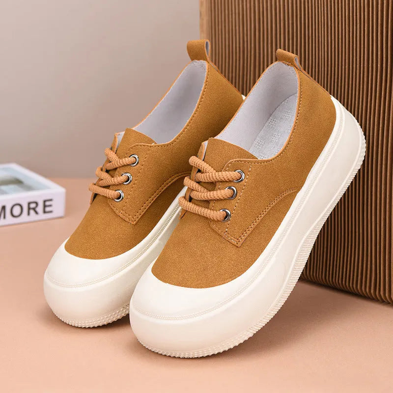 Women's camel suede platform loafers with round toe and lace-up front adding 4cm height