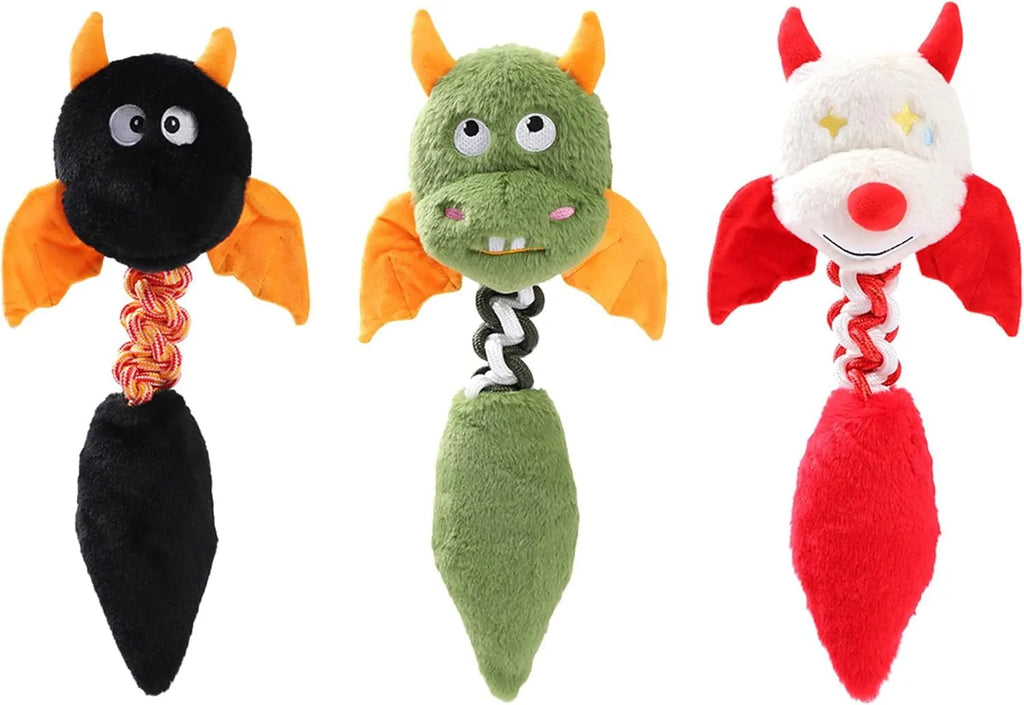 Plush cartoon dog toy with rope knot, in black, green, or red colour, shown next to a tape measure indicating 44 cm length.