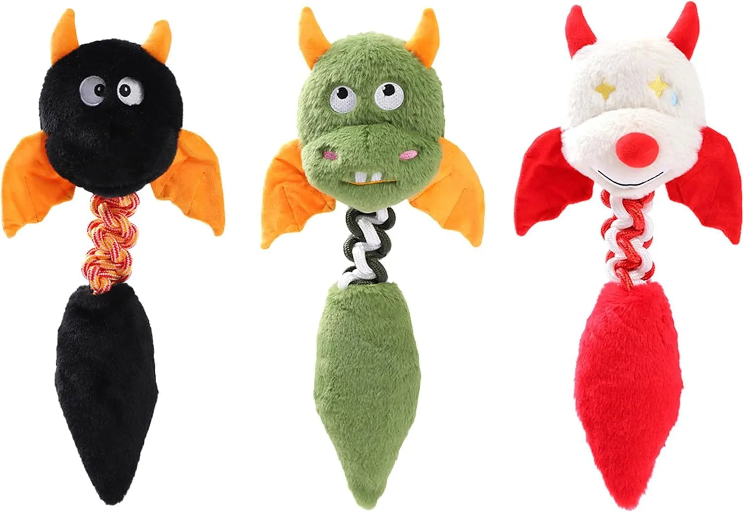 Plush cartoon dog toy with rope knot, in black, green, or red colour, shown next to a tape measure indicating 44 cm length.