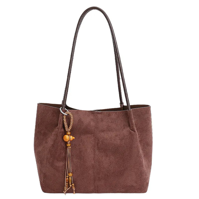 Large capacity suede tote bag with pendant, horizontal square shape, available in black, brown, coffee, and green