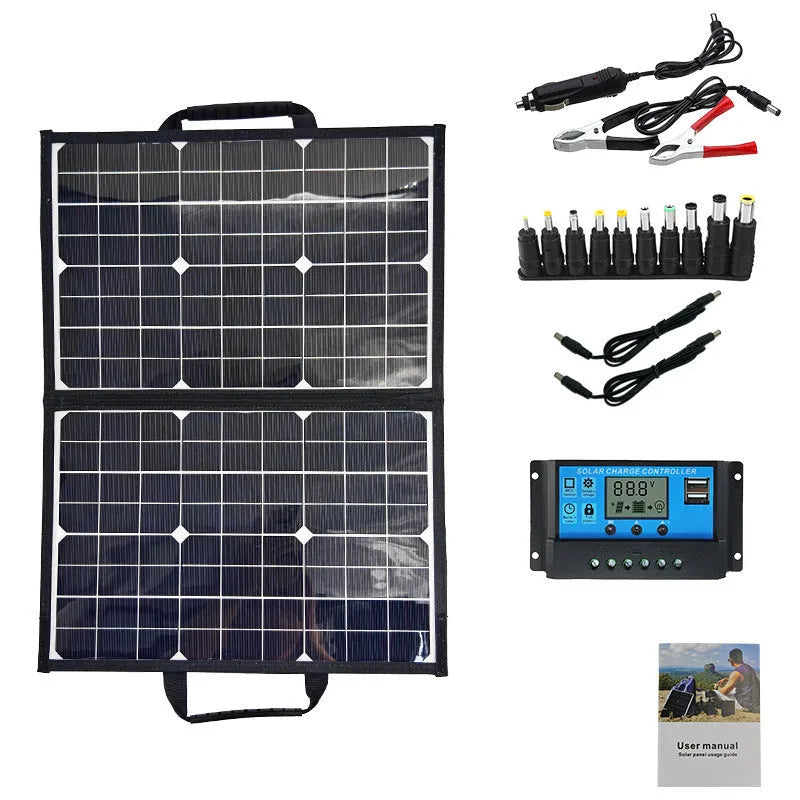 Black 40W single crystal solar folding panel showing compact folded size.