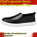 Men's summer kitchen working leather shoes in black with white bottom, round toe, solid colour flat sole