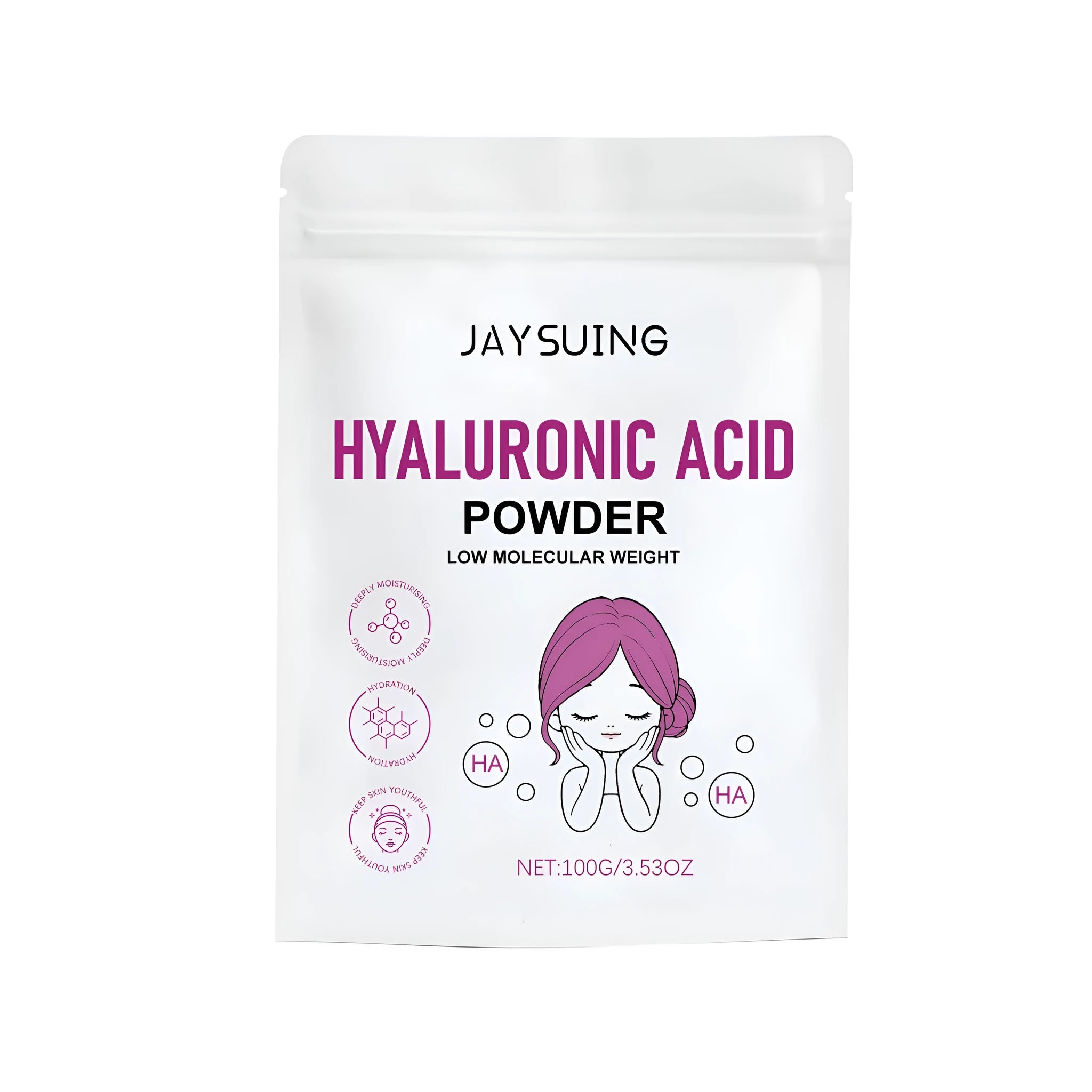 Hyaluronic acid powder in a container with 100g capacity label, shown with a mask applicator