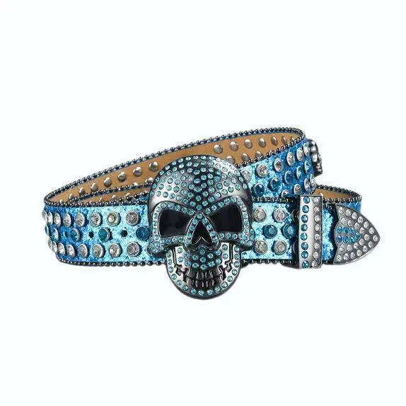 Skull buckle hip hop decoration belt in black, high quality PU with alloy buckle, 2-4cm wide