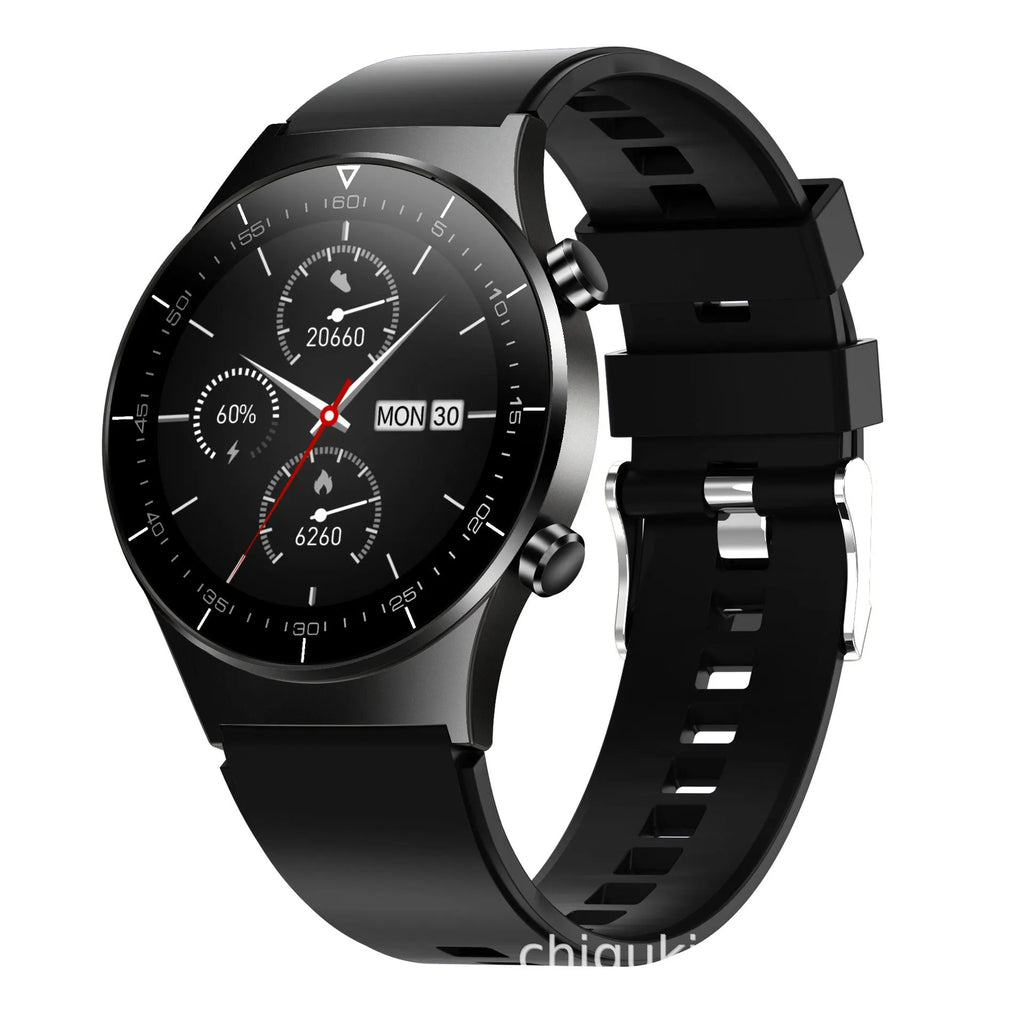 Black smart watch with heart rate monitoring on TPU wristband showing 1.28-inch glass touch screen