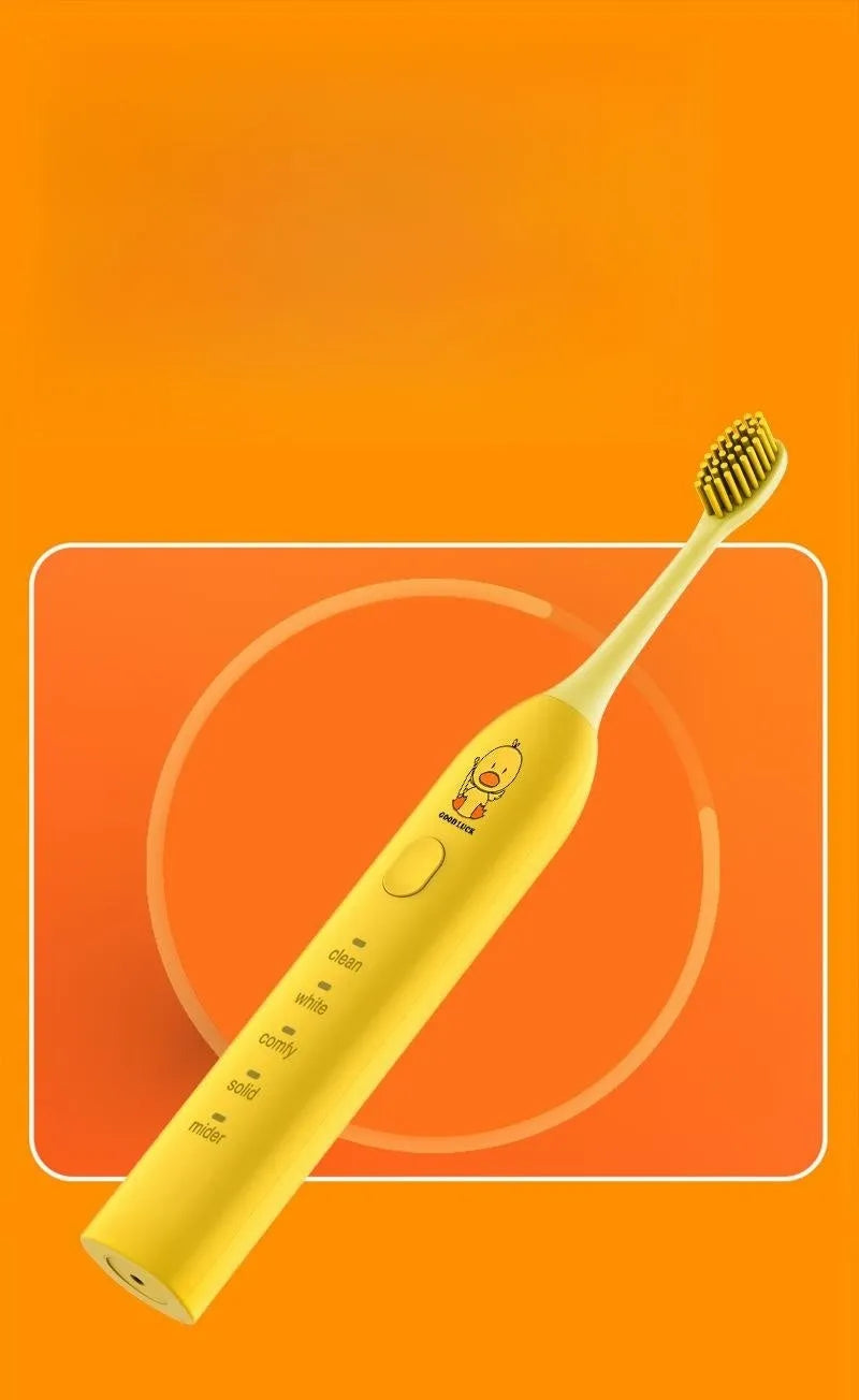 Yellow USB rechargeable electric toothbrush with small duck laser engraving and soft bristle head