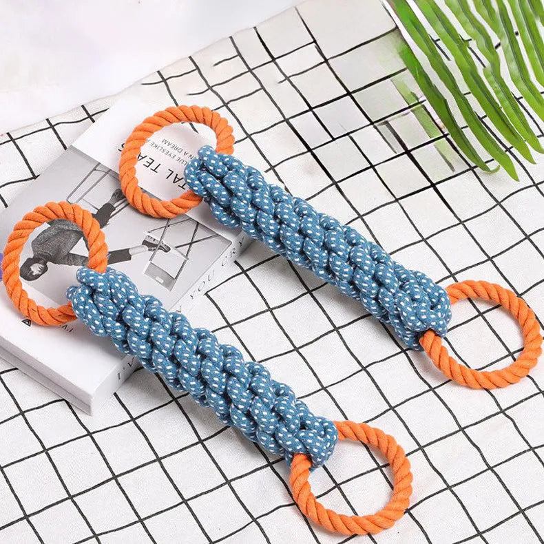 Blue double-ring braided cotton knot dog toy on white background, 37cm length