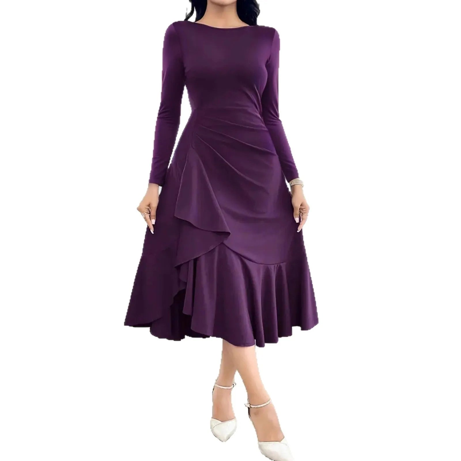 Purple women's dress with ruffled detailing, long sleeves and round neckline on mannequin