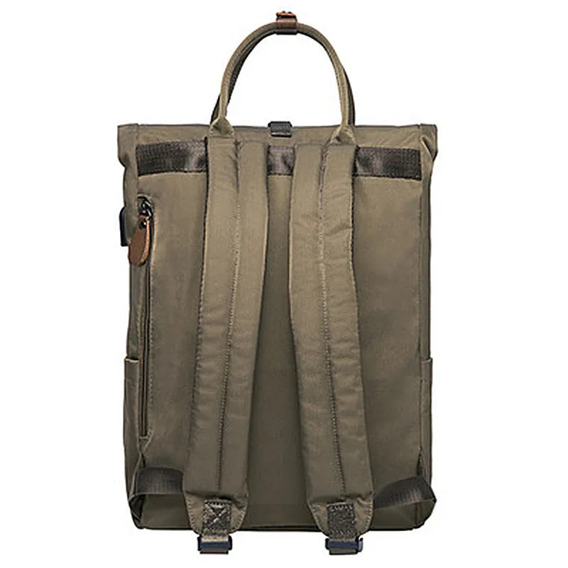 Casual polyester backpack with cover opening showing laptop compartment and zipper pocket