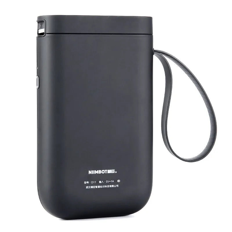 D11 Bluetooth thermal label printer in compact black design with thermal paper roll