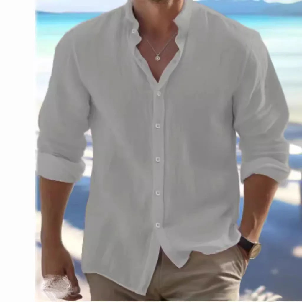 Men's casual long-staple cotton pullover shirt in light blue with collage stitching detail.