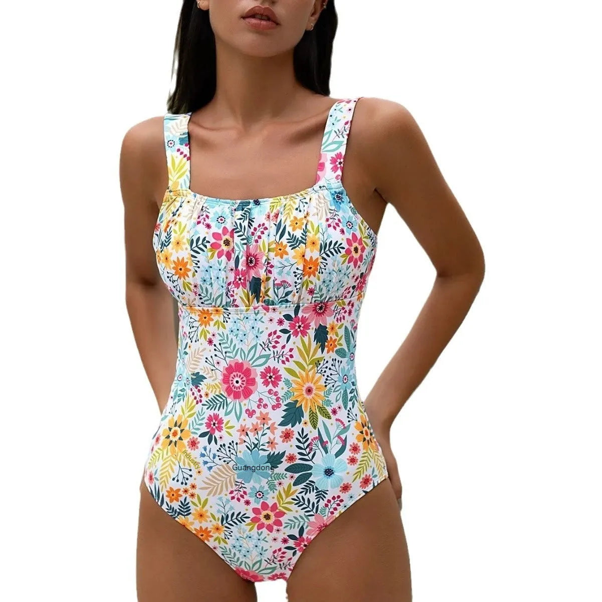 Pastoral floral print one-piece swimsuit for women in black with full coverage polyester lining